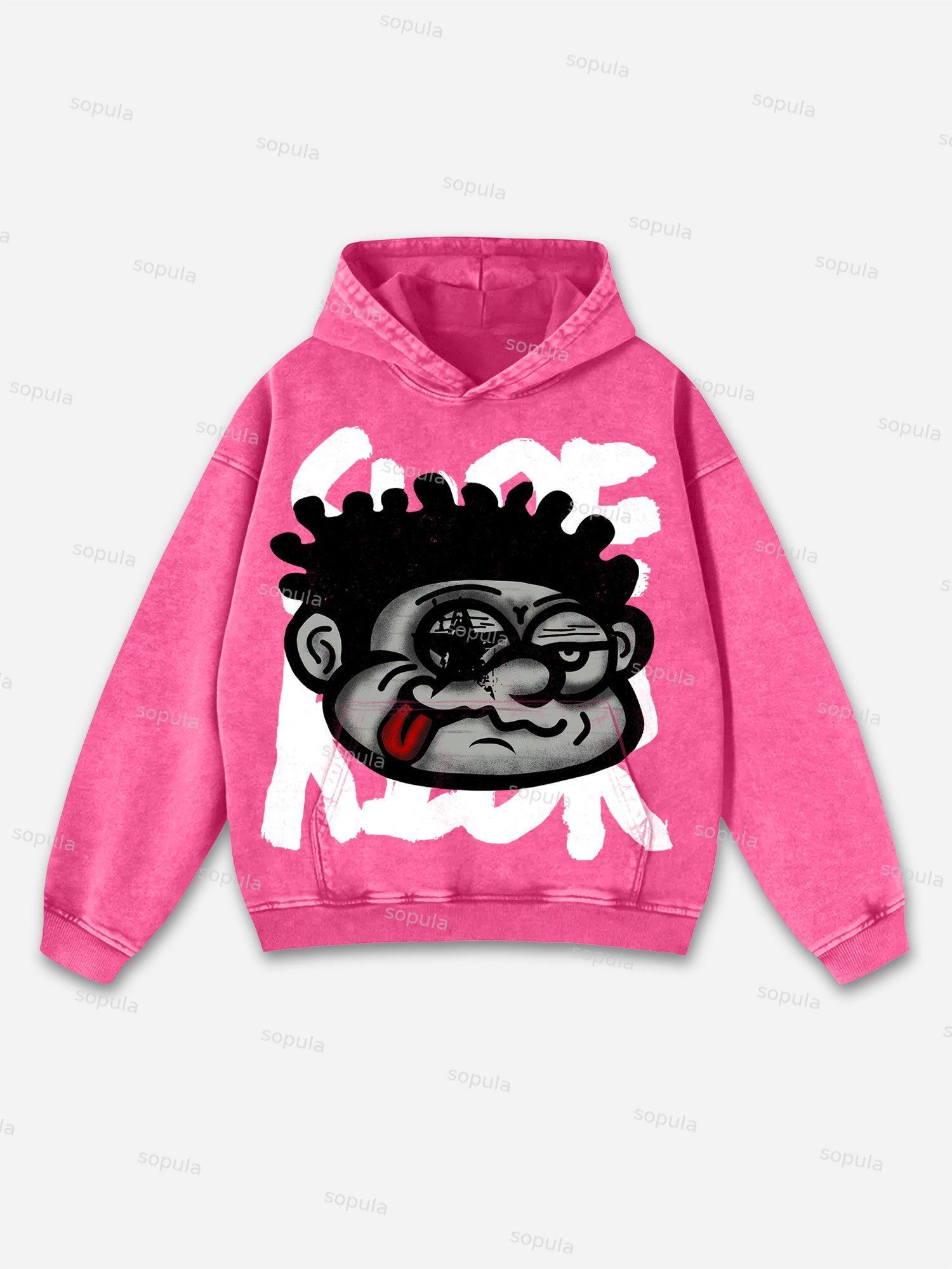 Sopula Vintage Big Face Graphic Print Washed Hoodie Product Image