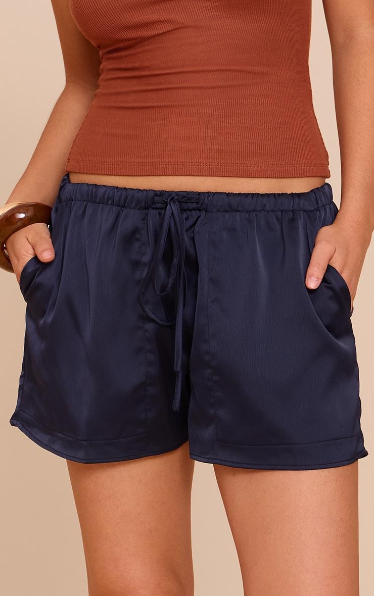 Navy Satin Drawstring Shorts Product Image