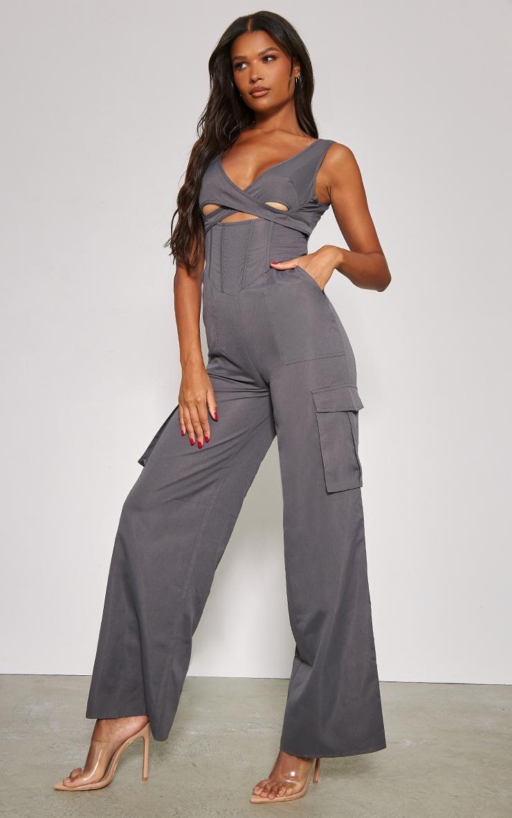 Charcoal Cross Chest Corset Detail Lightweight Cargo Jumpsuit Product Image