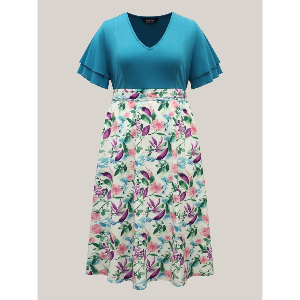 Plus Size Floral Print Layered Stretchy Waist Midi Dress Cerulean Women V-neck Short sleeve Curvy BloomChic 12/L Product Image