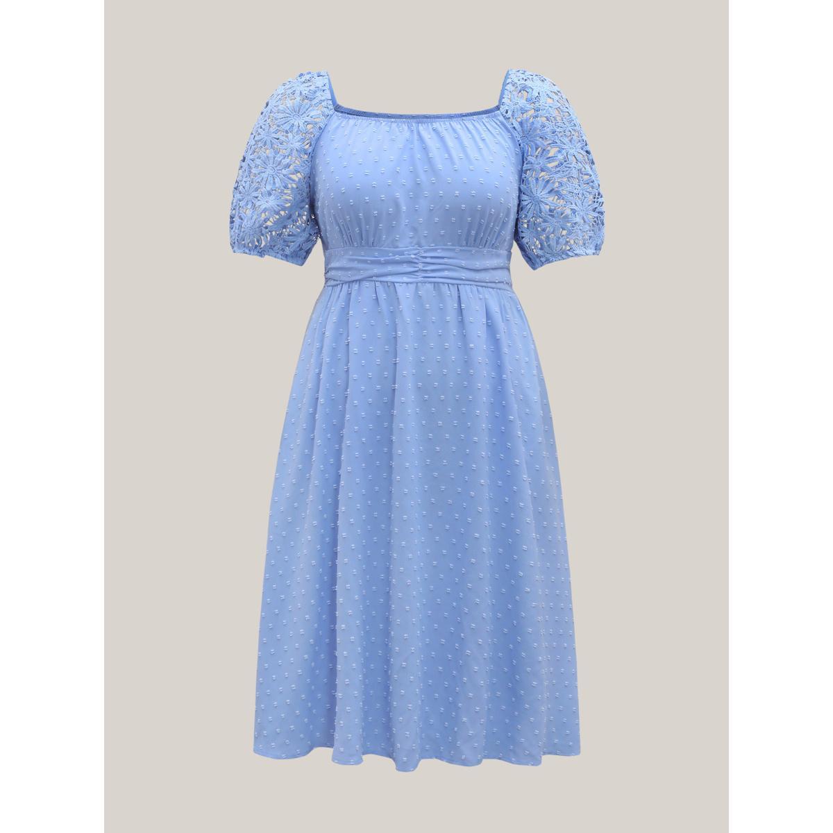Plus Size Textured Lace Sleeve Stretchy Waist Midi Dress Skyblue Women Timeless Woven ribbon&lace trim Square Neck Short sleeve Curvy BloomChic 18-20/2X Product Image