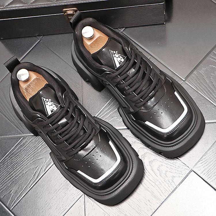 Platform Square Toe Mesh Panel Lace-Up Faux Leather Shoes Product Image