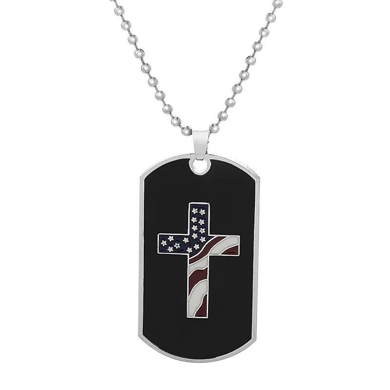 1913 Mens Black Stainless Steel Red, White, & Blue American Flag Cross Dog Tag Pendant Necklace Tone Product Image