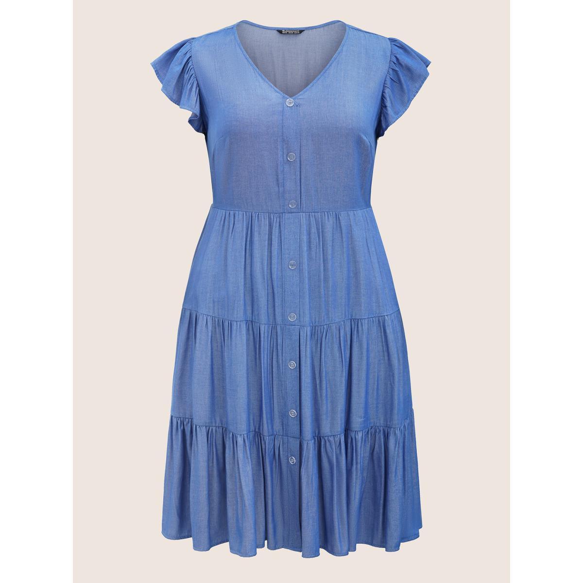 Plus Size Plain Button Detail Layered Hem Ruffle Cap Sleeve Dress Blue Women Casual Non V-neck Cap Sleeve Curvy Midi Dress BloomChic 28/5X Product Image