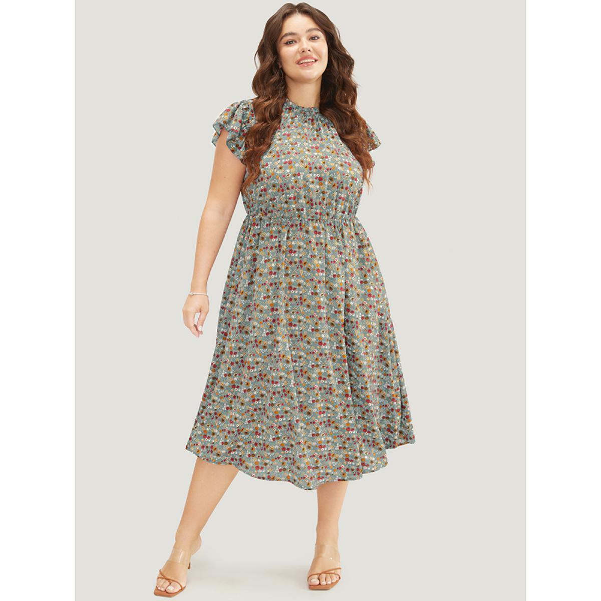 Plus Size Ditsy Floral Ruffle Sleeve Pocket Frill Trim Mock Neck Dress LightBlue Women Elegant Pocket Mock Neck Half Sleeve Curvy Midi Dress BloomChic 30/6X Product Image