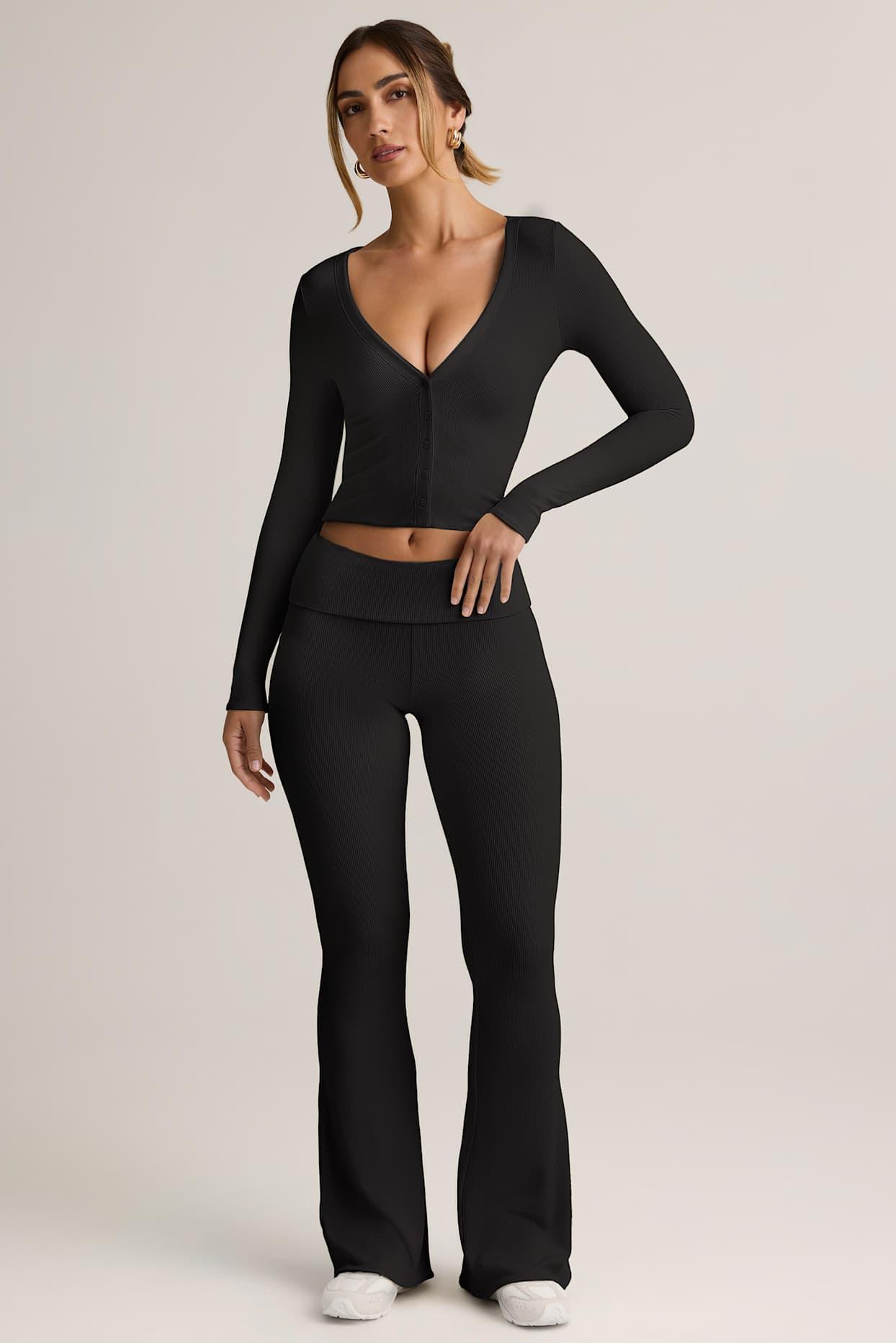 Modal Ribbed Foldover Flared Trousers in Black Product Image
