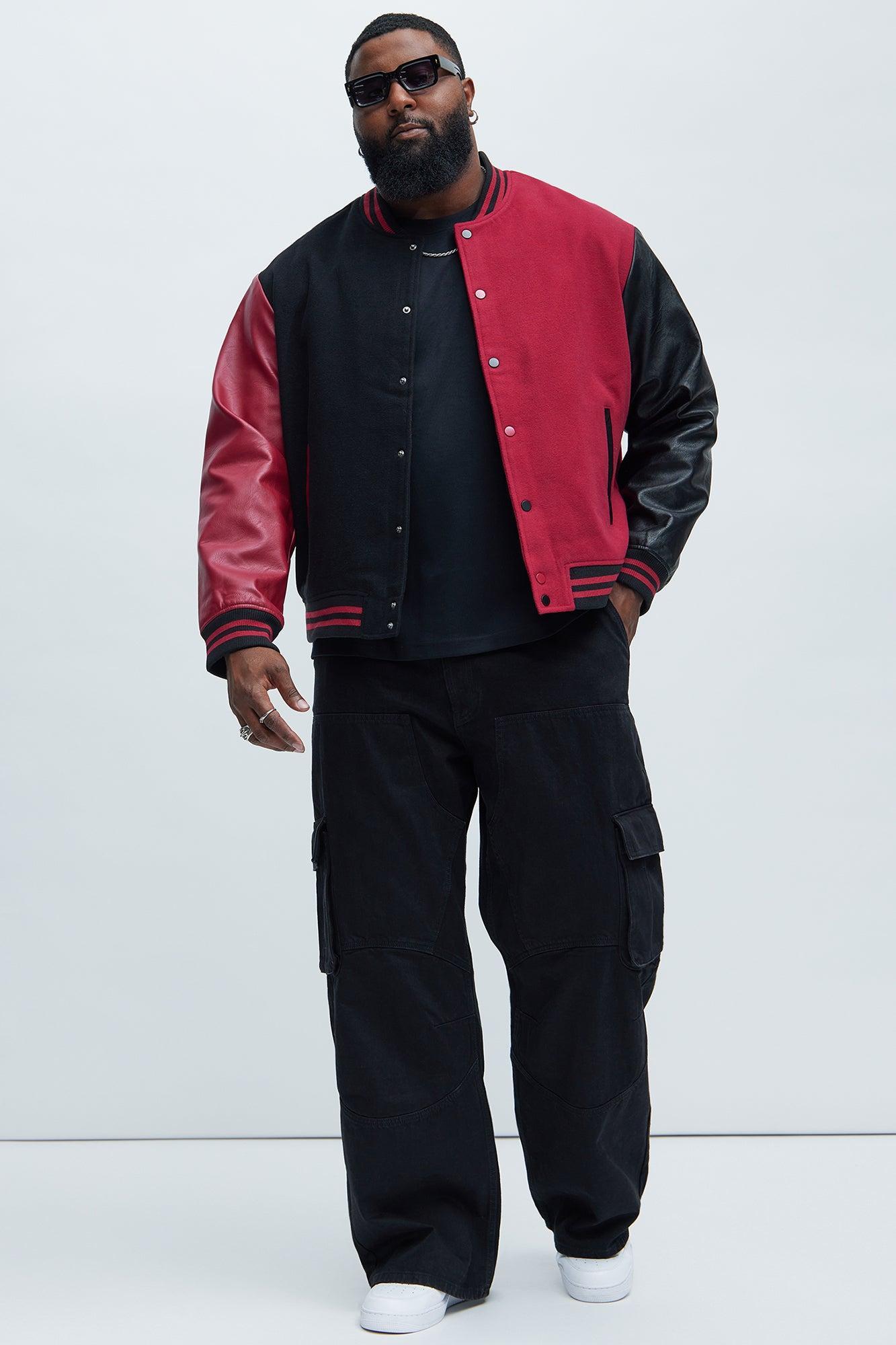 For The Books Faux Leather Sleeves Colorblock Varsity Jacket - Black/Red Product Image