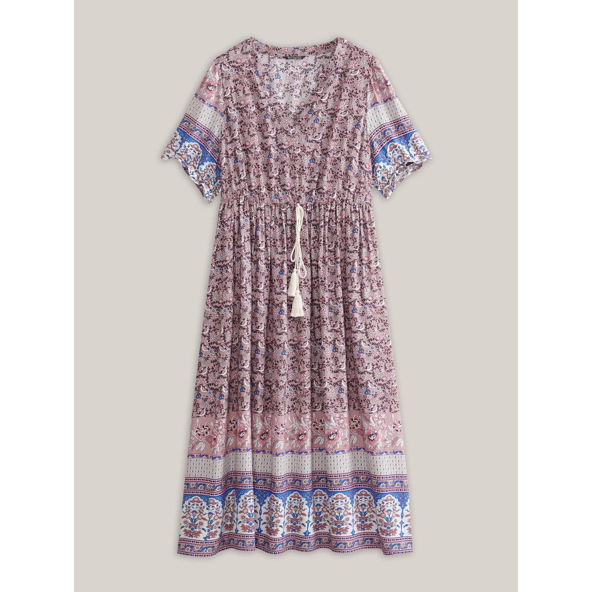 Plus Size Boho Print Notched Ties Tassel Trim Dress DustyPink Women Boho Non Flat collar with V-notch Short sleeve Curvy BloomChic 28/5X Product Image