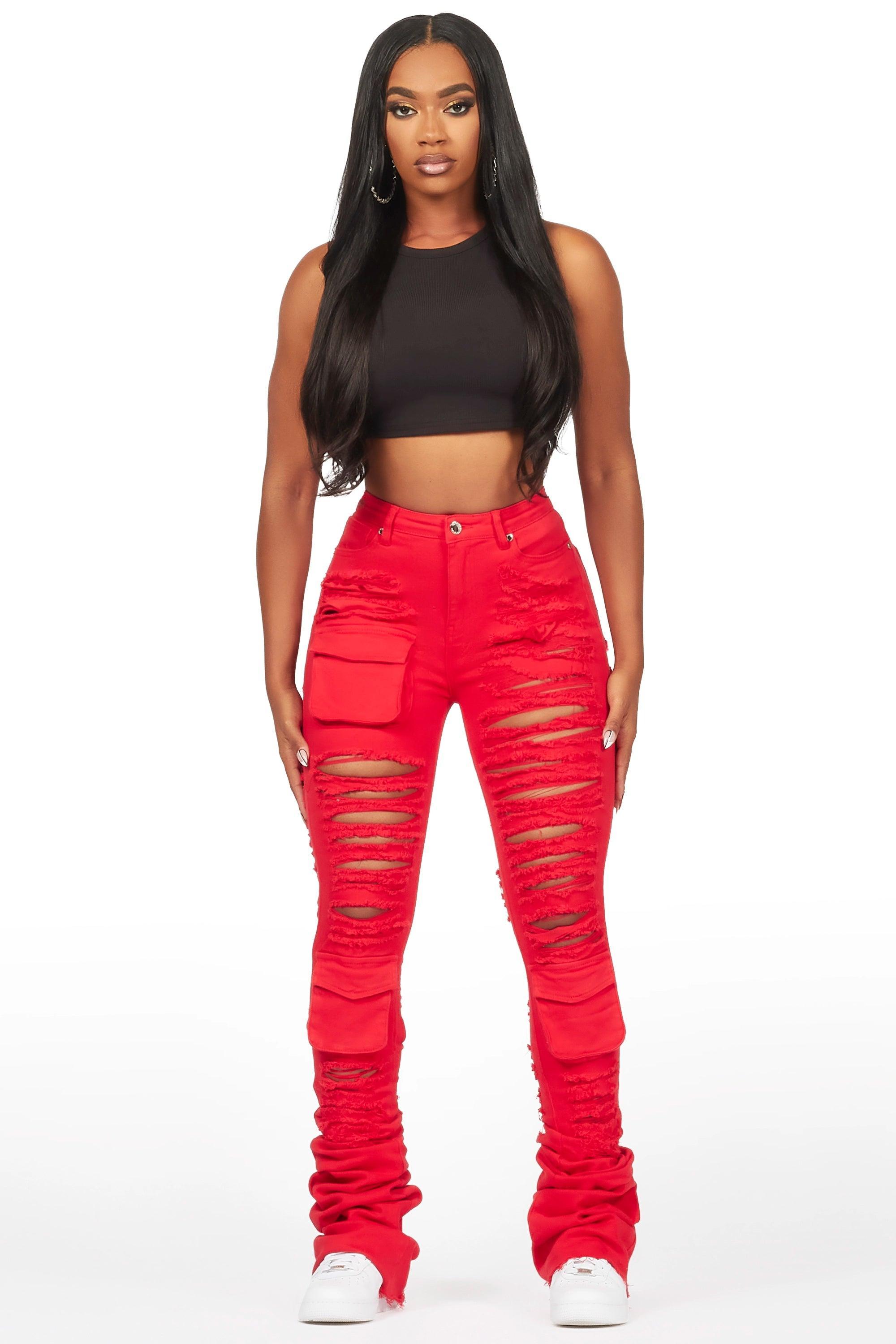 Capria Red Ultra Distressed Super Stacked Jean Female Product Image