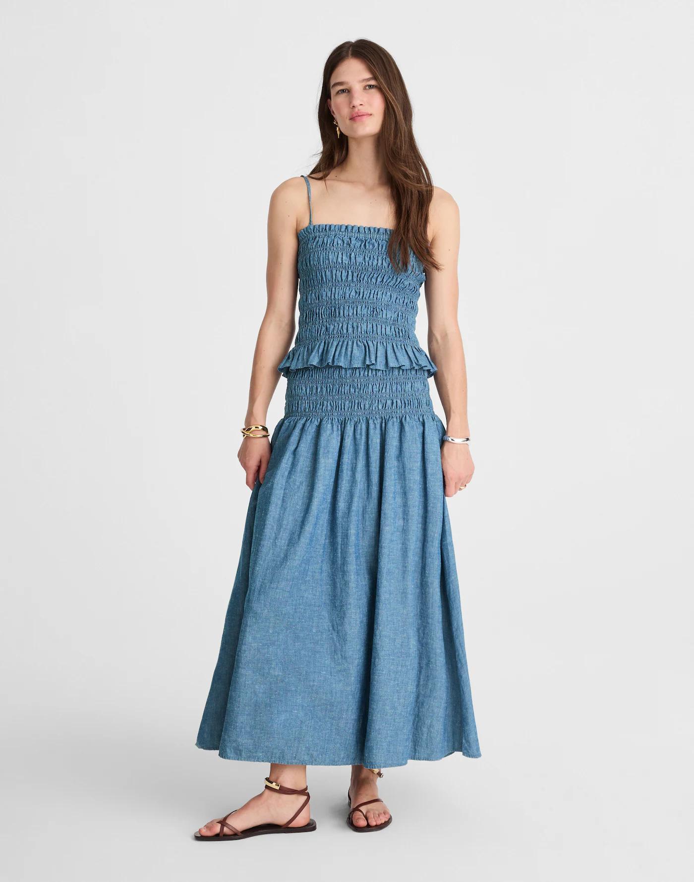 Smocked-Waist Denim Midi Skirt Product Image