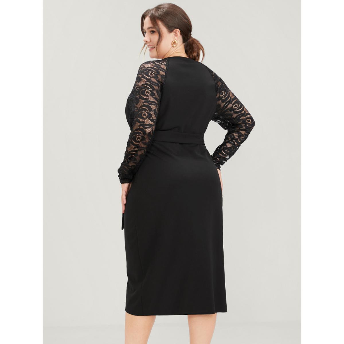 Plus Size Solid Button Eyelet Lace Belted Wrap Knee Dress Black Women Elegant Cross straps V-neck Long Sleeve Curvy Midi Dress BloomChic 18-20/2X Product Image