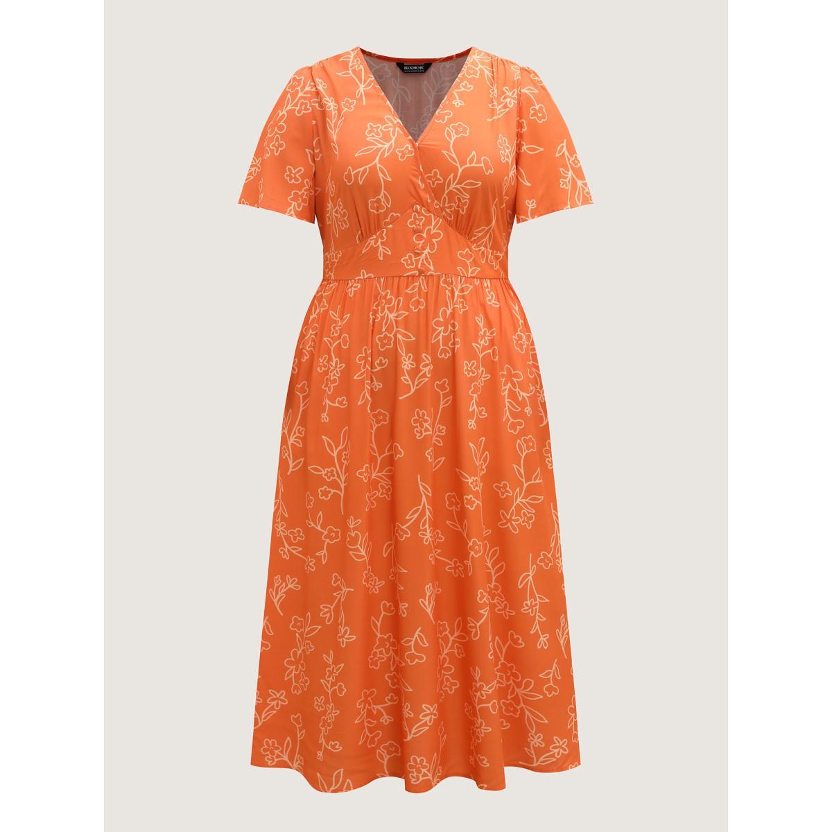 Plus Size Rayon Silhouette Floral Print Midi Dress Rust Women Leisure Overlap Collar Short sleeve Curvy BloomChic 12/L Product Image