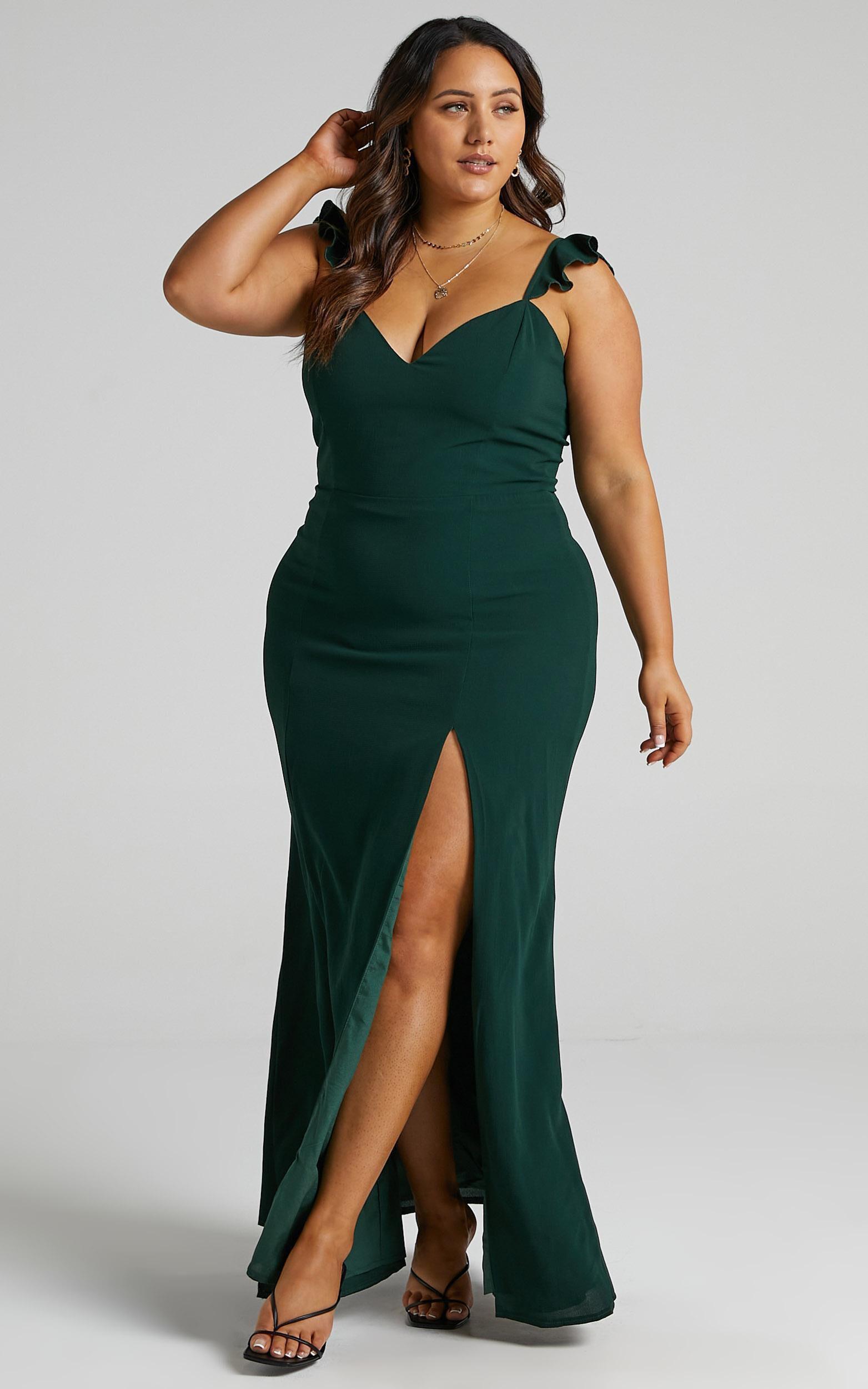 More Than This Maxi Dress - Ruffle Strap Thigh Split Dress in Emerald Product Image