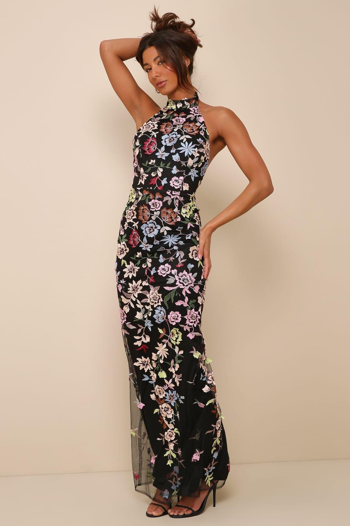 Infinite Praise Black 3D Floral Embroidered Halter Maxi Dress Product Image