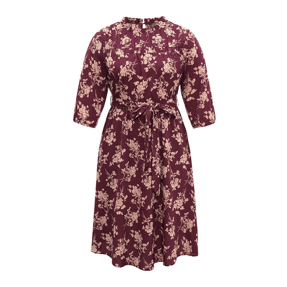 Plus Size Silhouette Floral Print Stand Collar Belted Pleated Dress Burgundy Women Elegant Elastic cuffs Stand-up collar Elbow-length sleeve Curvy Midi Dress BloomChic 28/5X Product Image