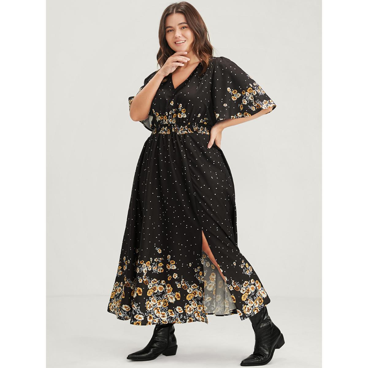 Plus Size Floral Pocket Split Hem Flutter Shirred Maxi Dress Black Women Casual Printed V-neck Half Sleeve Curvy Midi Dress BloomChic 10/M Product Image