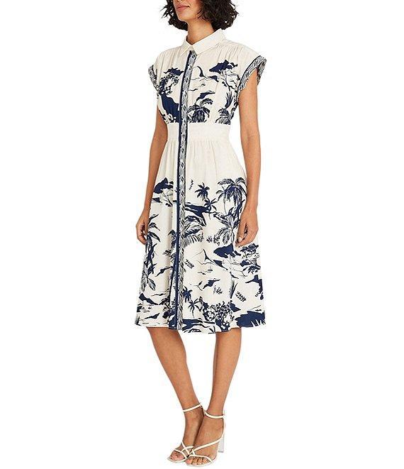 Maggy London Printed Stretch Cotton Poplin Collared Neck Short Sleeve Midi Dress Product Image