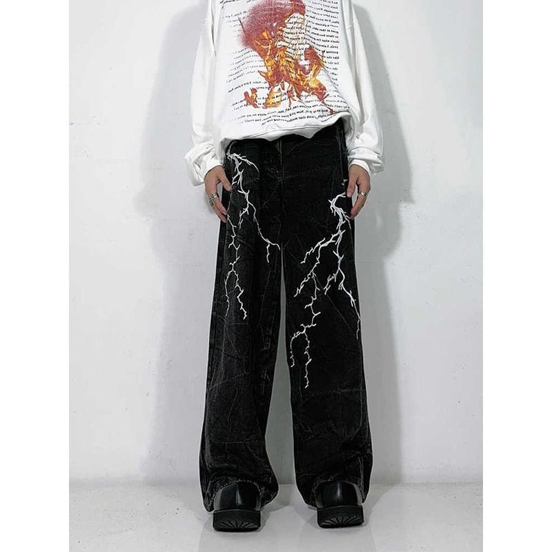 Mid Rise Lightning Embroidered Washed Wide Leg Jeans Product Image