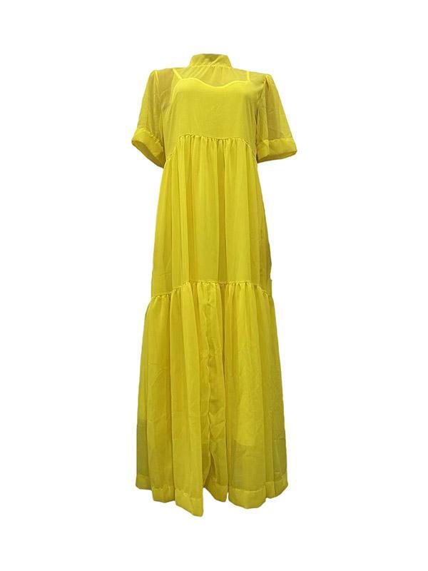 Loose Plus Size Solid Color Split-Joint Inner Dress + Mesh Pleated Mock Neck Outer Dress Two Pieces Set Product Image