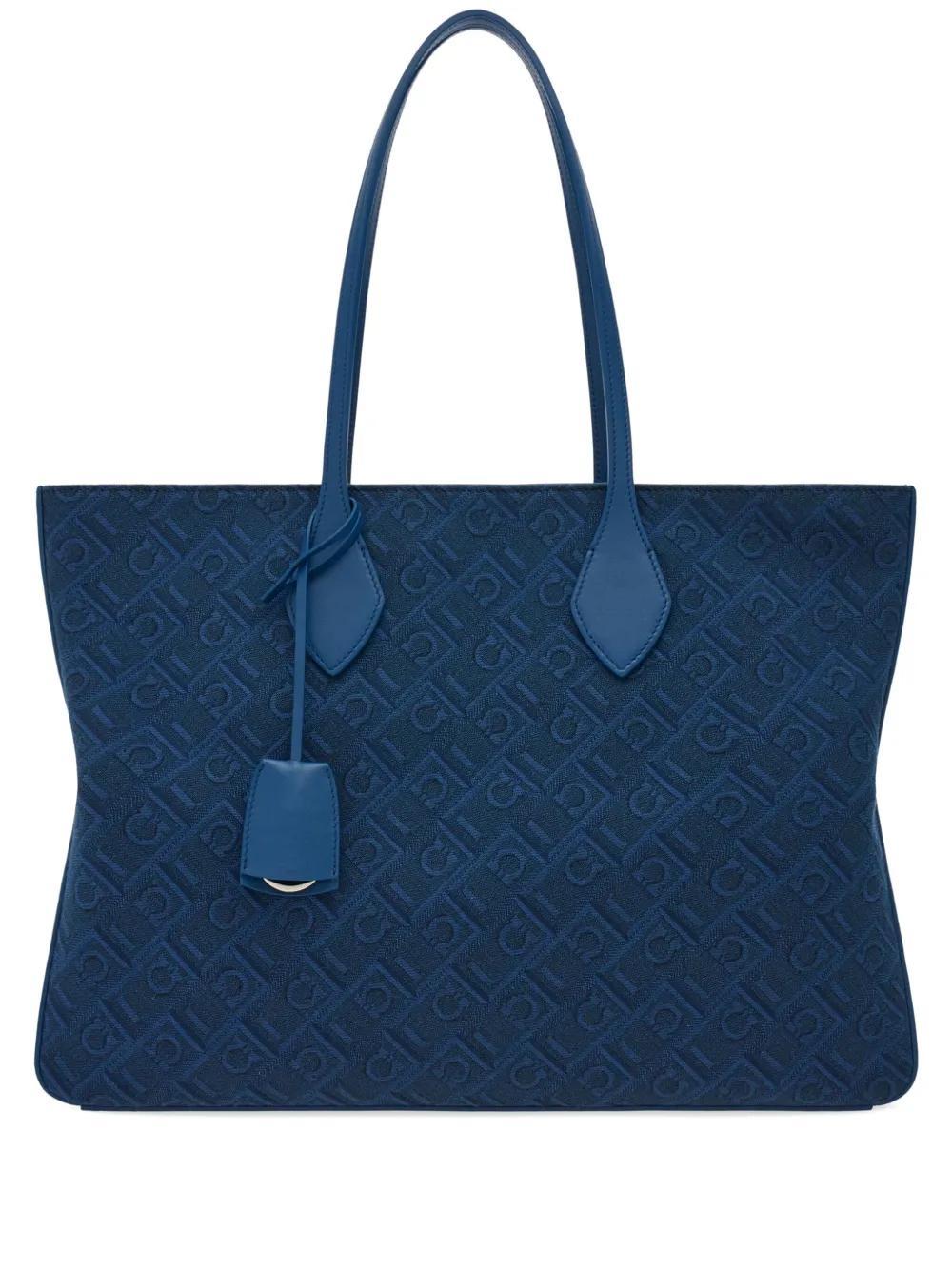 FERRAGAMO Tote Monogram Bag (l) In Teal Blue Product Image