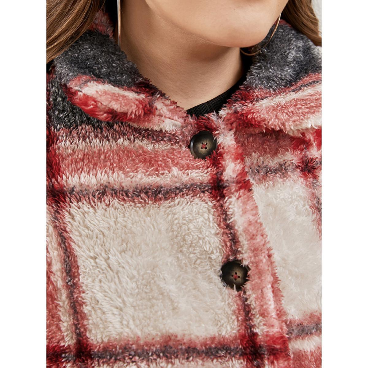 Plus Size Plaid Button Up Pocket Fuzzy Coat Women Red Casual Button Ladies Dailywear Winter Coats BloomChic 26/4X Product Image