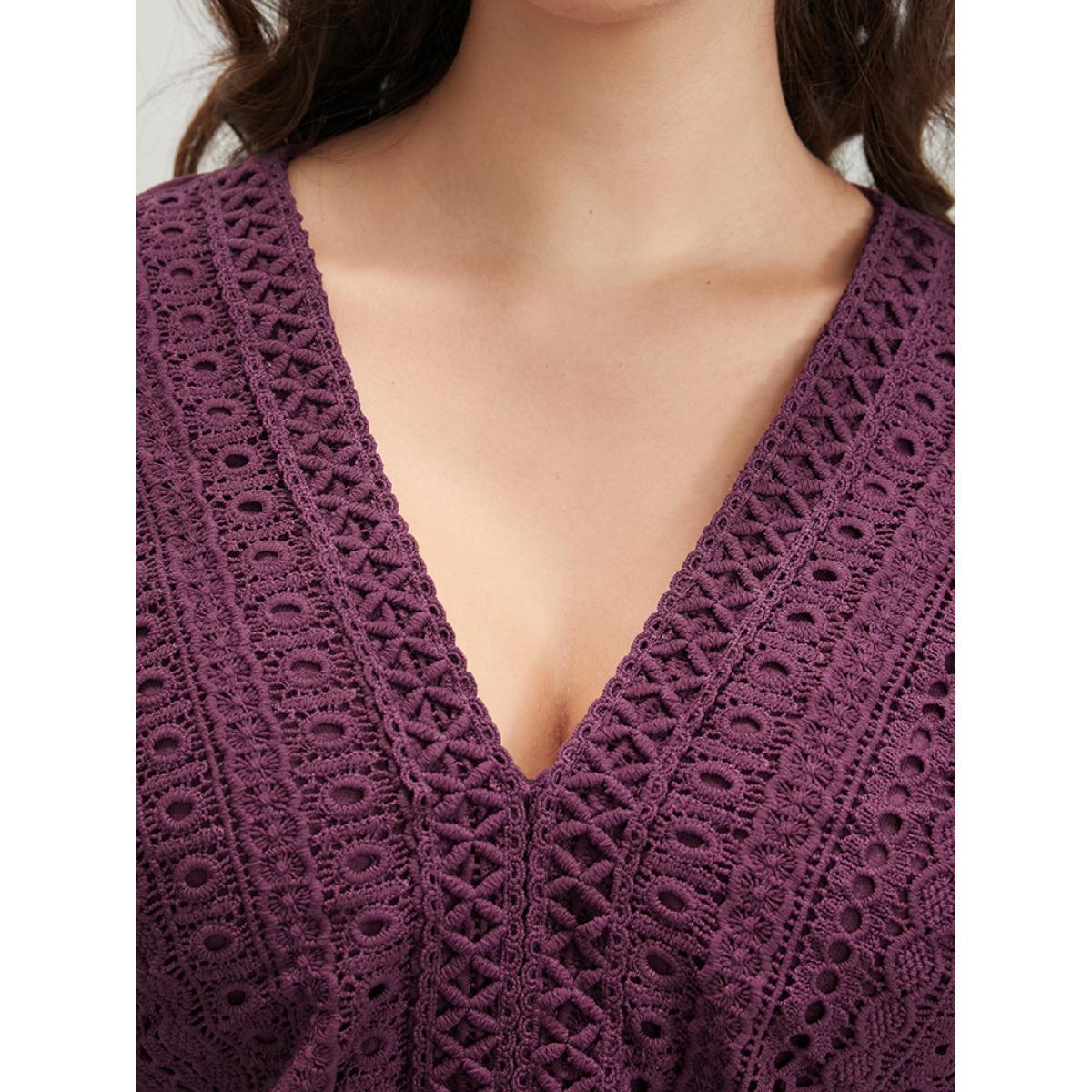 Plus Size Solid Lantern Sleeve Pocket Crochet Lace Dress Burgundy Women Elegant Patchwork V-neck Long Sleeve Curvy Midi Dress BloomChic 26/4X Product Image