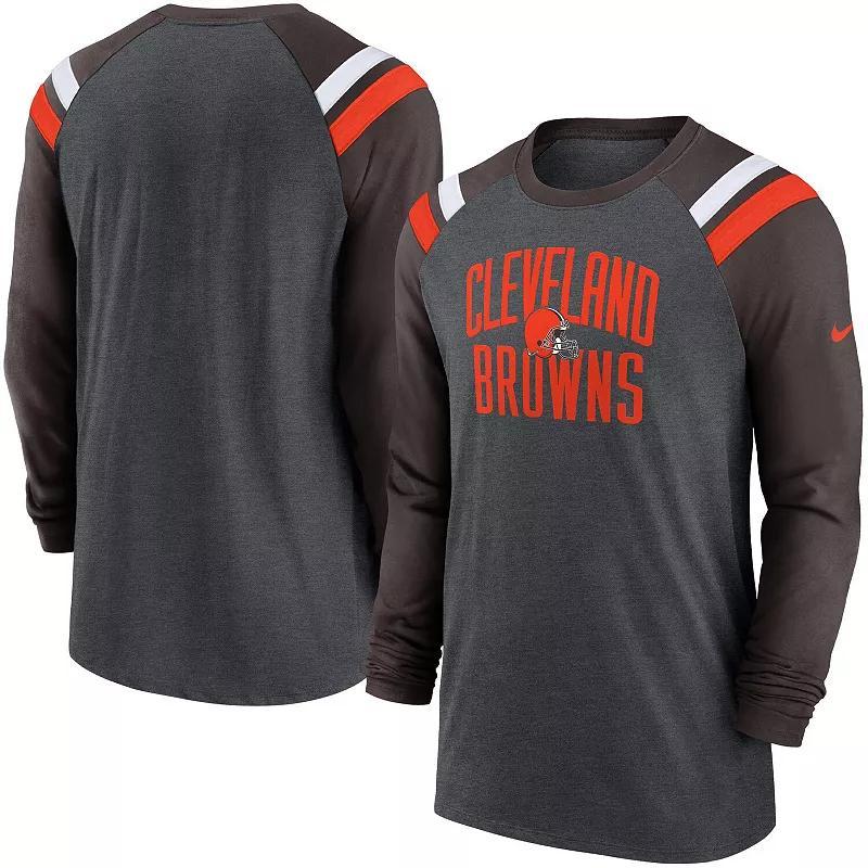 Men's Nike Heathered Charcoal/Brown Cleveland Browns Tri-Blend Raglan Athletic Long Sleeve Fashion T-Shirt, Size: Small Product Image