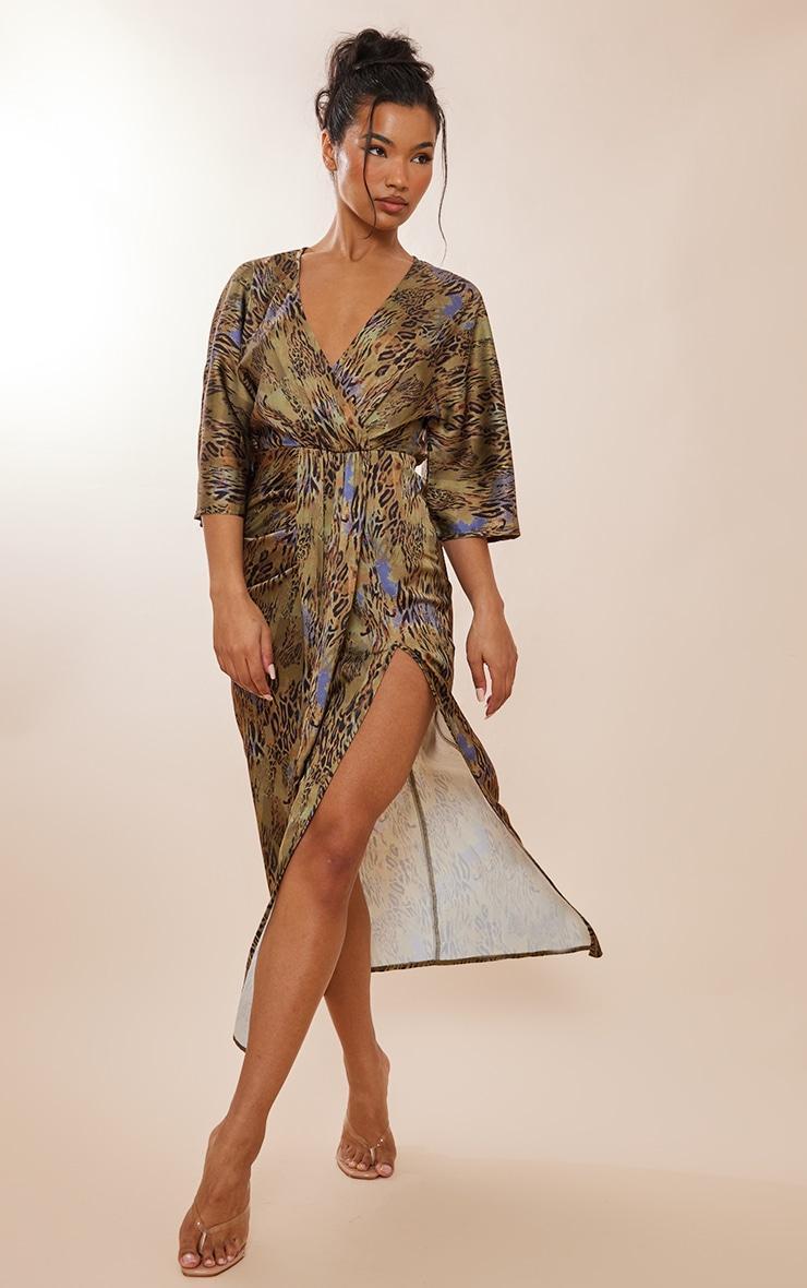  Khaki Animal Print Satin Batwing Plunge Split Midaxi Dress Product Image