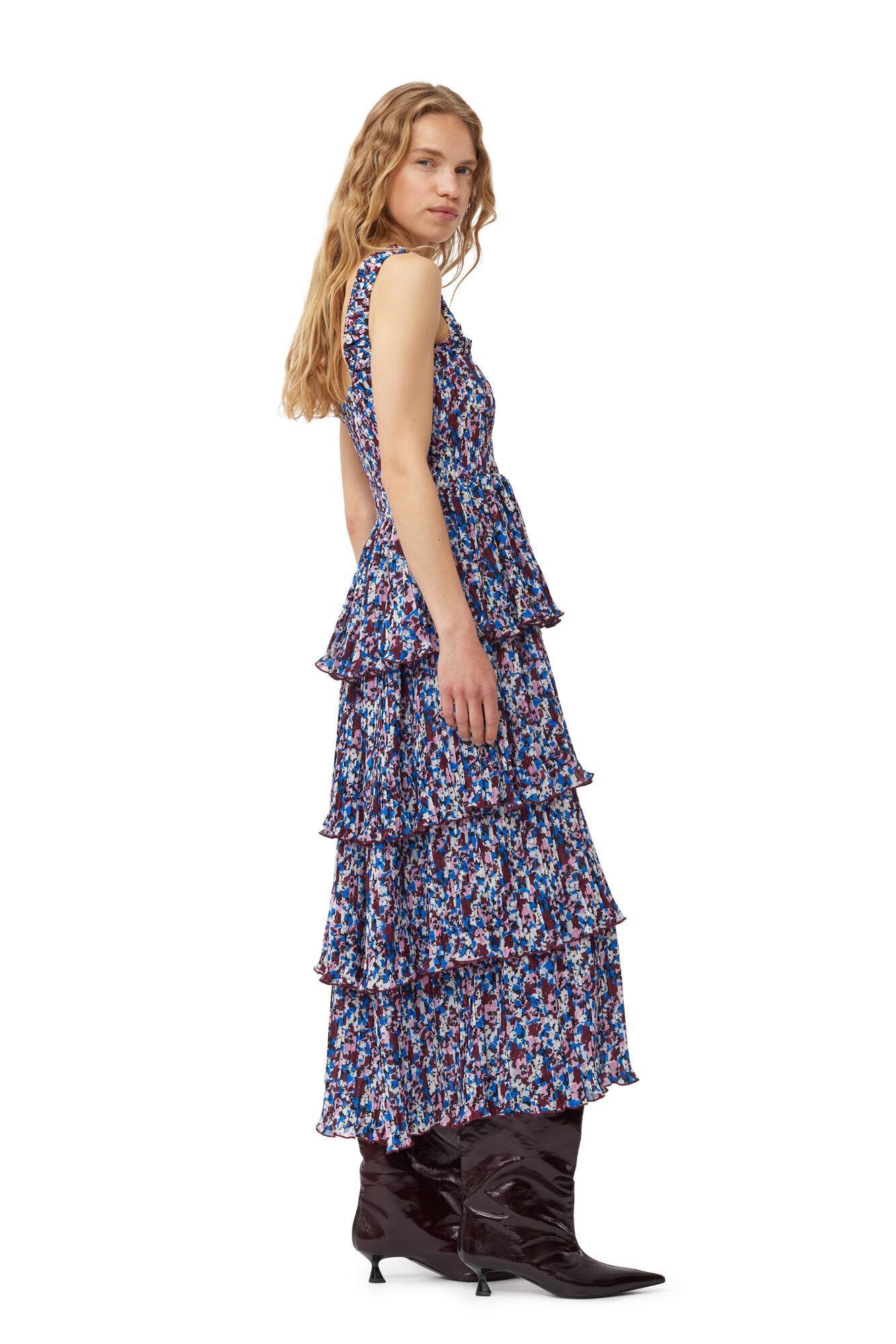 Multicolour Pleated Georgette Flounce Smock Midi Dress Product Image