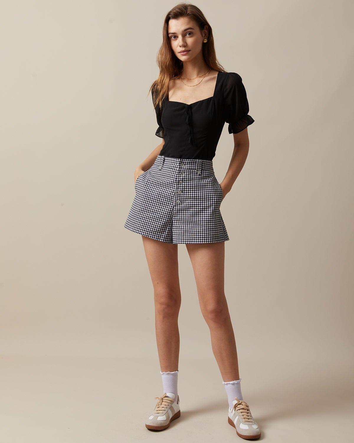 The Black High Waisted Button Up Plaid Shorts Product Image