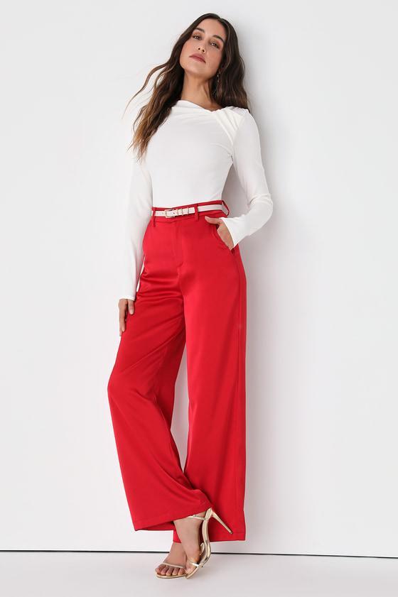 Modern Approach Red Satin Wide Leg Pants Product Image