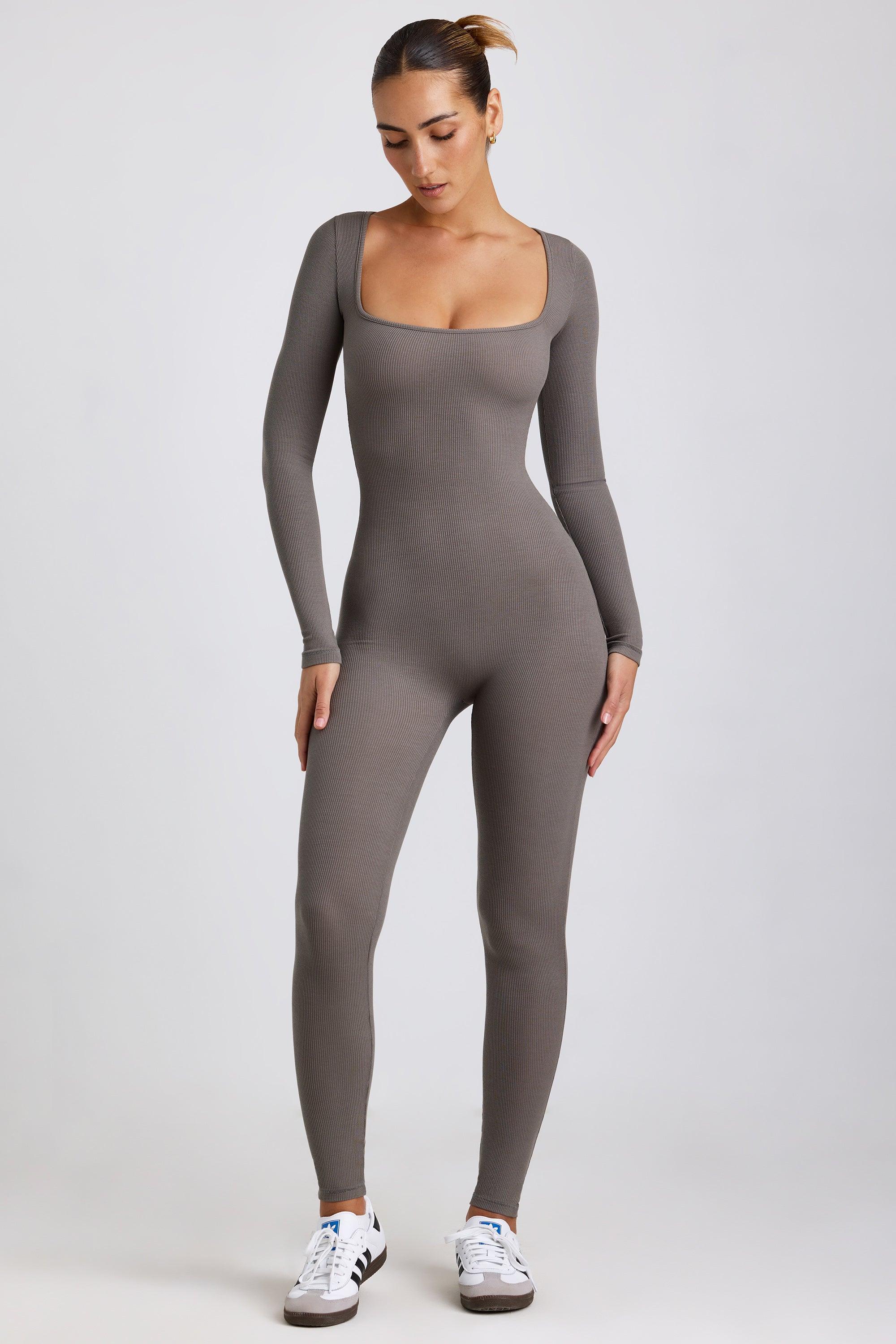 Ribbed Modal Long Sleeve Jumpsuit in Grey Product Image