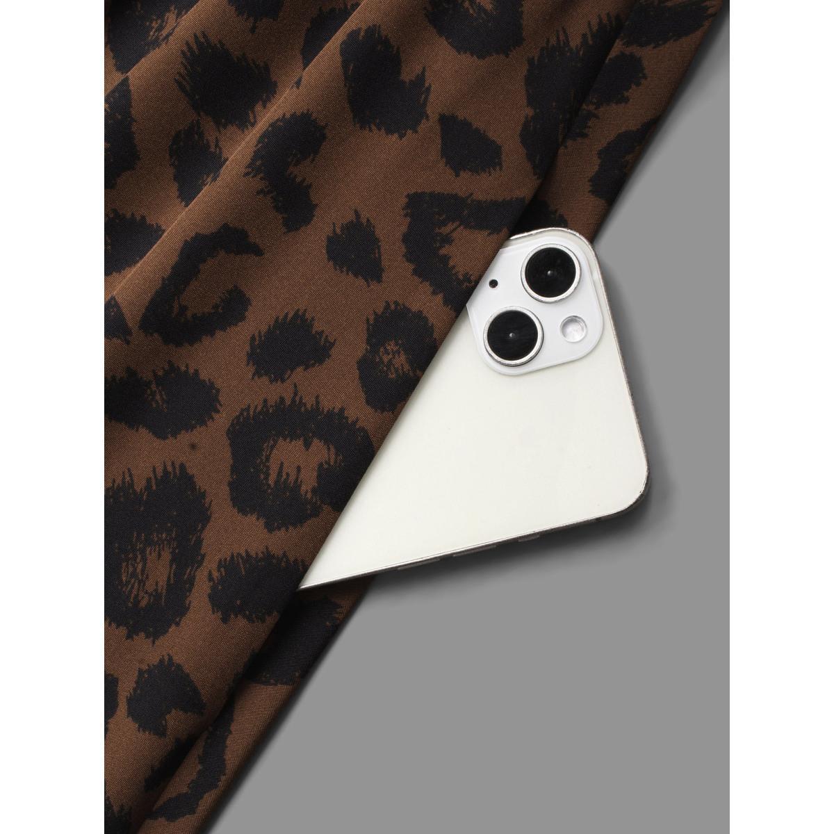 Plus Size Leopard Print Ruffles Mock Neck Elastic Waist Dress Browncoffeecolor Women Elegant Frill Trim Mock Neck Long Sleeve Curvy BloomChic 28/5X Product Image