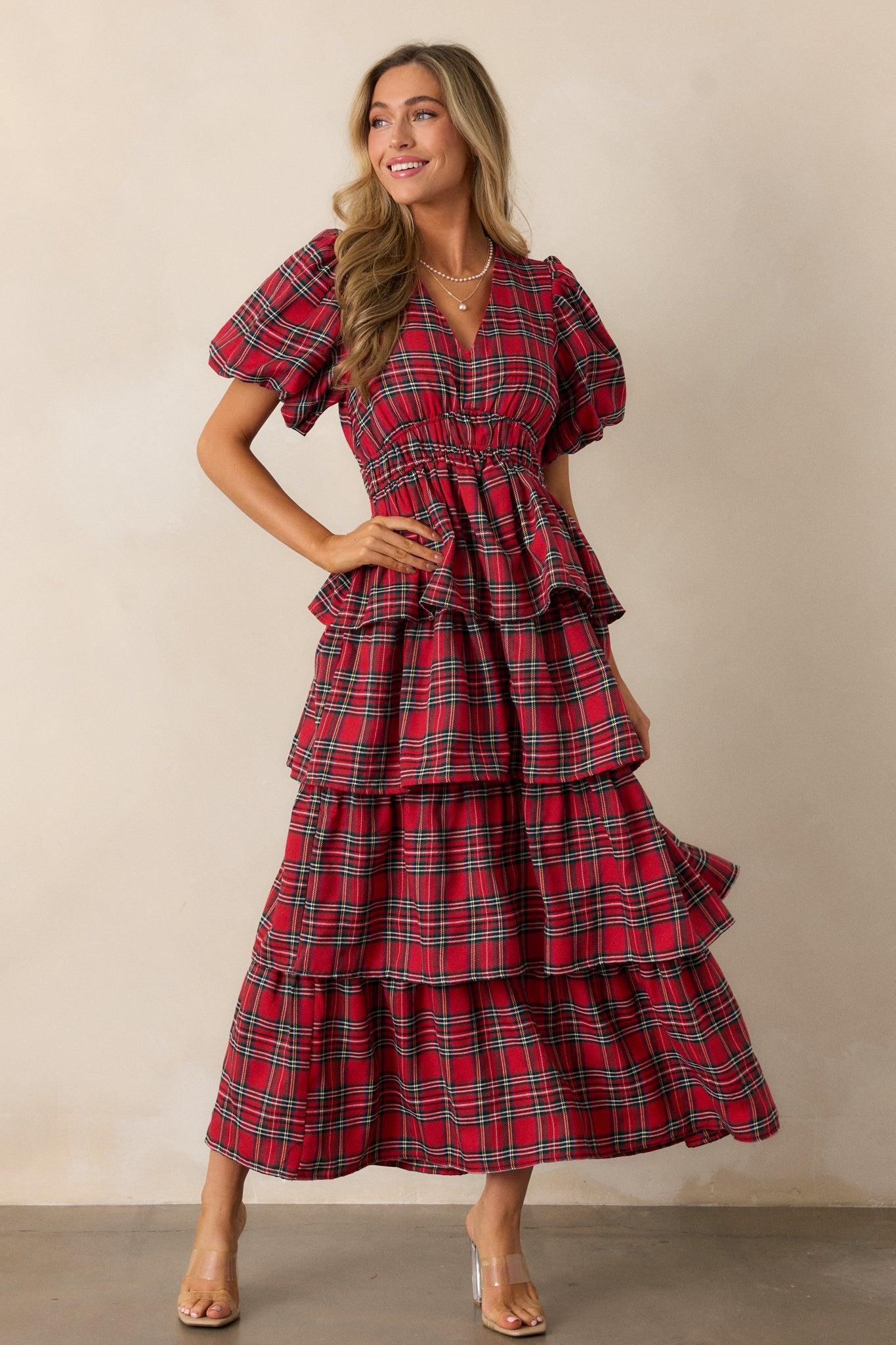 Ribbons of Light Red Plaid Tiered Maxi Dress Product Image