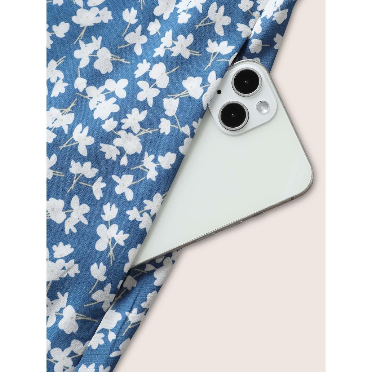 Plus Size Square Neck Ditsy Floral Shirred Dress Blue Women Elegant Shirred Square Neck Sleeveless Curvy BloomChic 18-20/2X Product Image