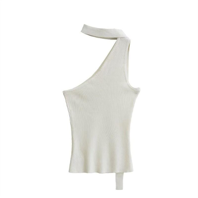 Sleeveless One Shoulder Plain Knit Top Product Image