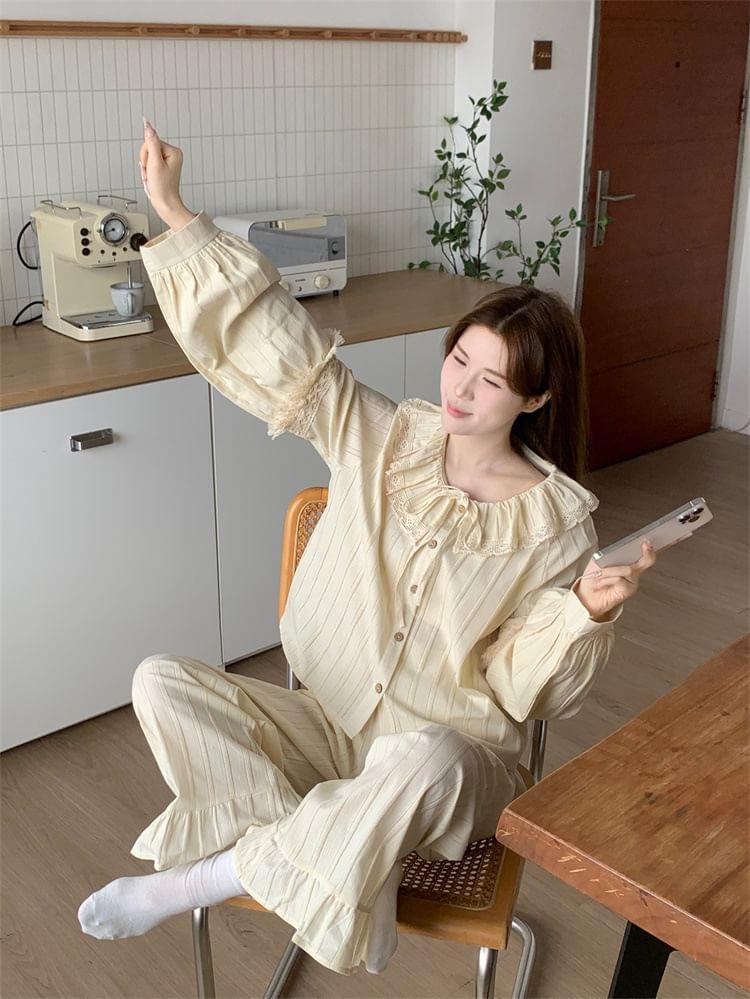 Pajama Set: Plain Lace Trim Shirt + Pants Product Image