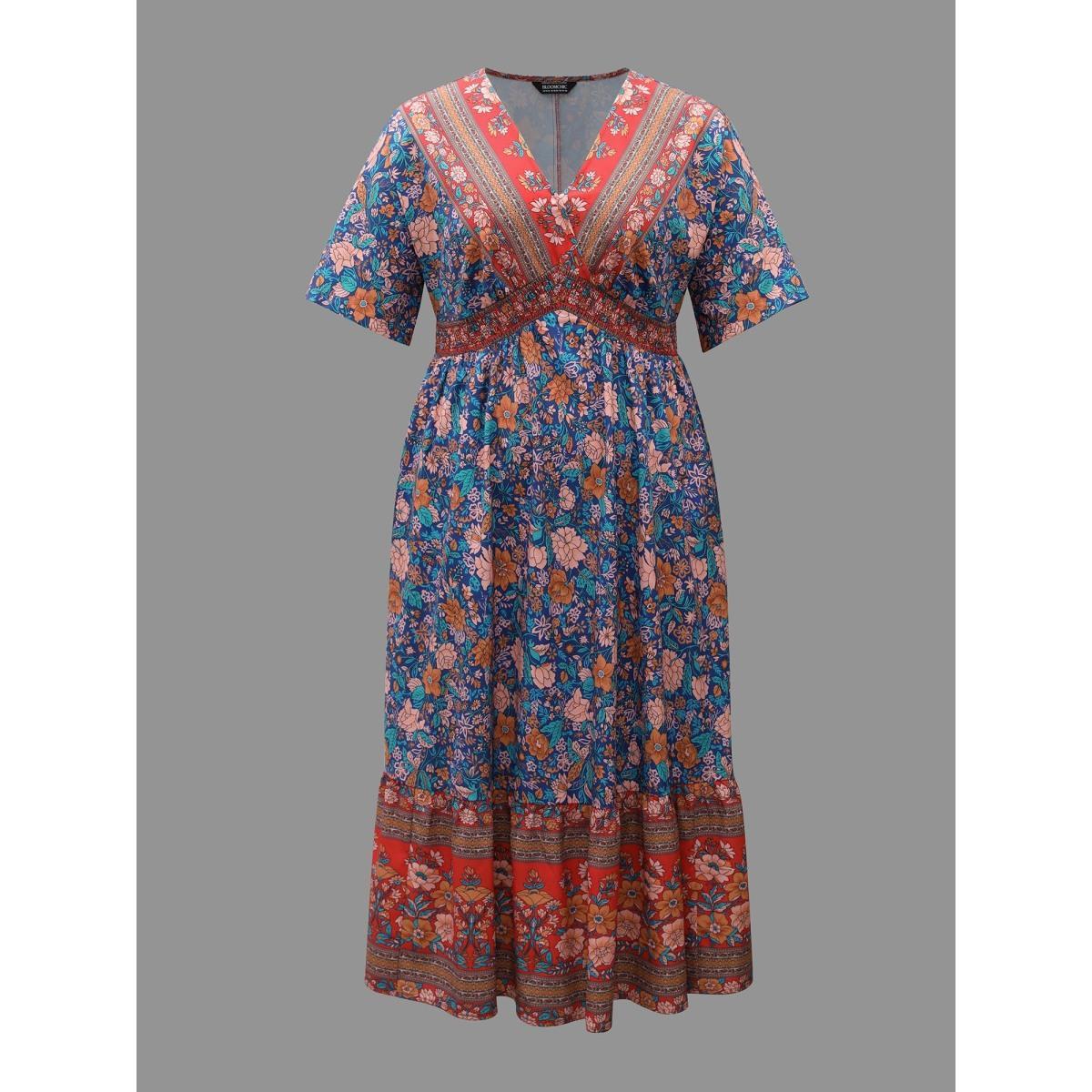 Plus Size Boho Print Ruffled Shirred V-Neck Maxi Dress Mediumblue Women Resort Shirred Overlap Collar Half Sleeve Curvy BloomChic 18-20/2X Product Image