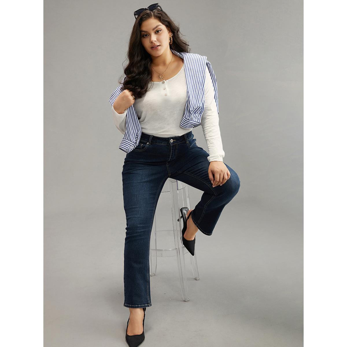 Plus Size Cotton Solid Button Up Crew Neck T-shirt White Women Casual Plain Plain Open Front Dailywear T-shirts BloomChic 14-16/1X Product Image