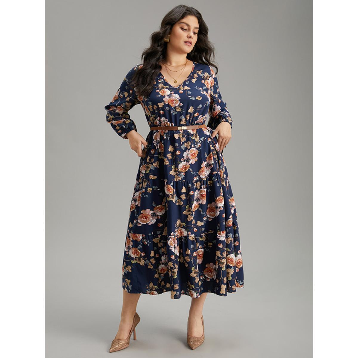 Plus Size Floral Print Pocket Elastic Waist V Neck Dress DarkBlue Women Elegant Elastic cuffs V-neck Long Sleeve Curvy Midi Dress BloomChic 12/L Product Image