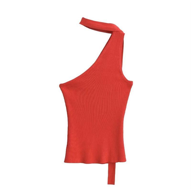 Sleeveless One Shoulder Plain Knit Top Product Image