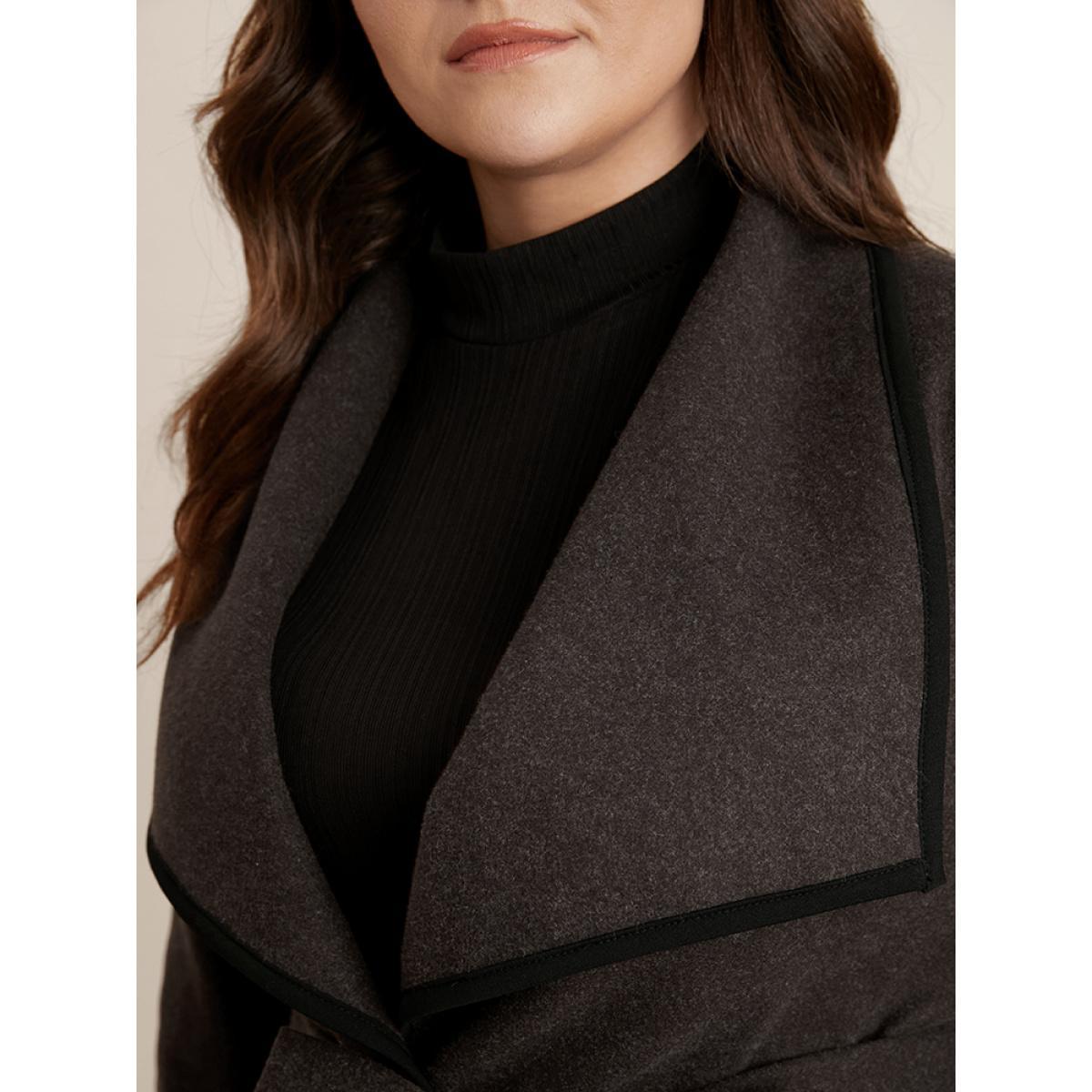 Plus Size Contrast Trim Pocket Belted Lapel Collar Coat Women DarkBrown Office Belted Ladies Work Winter Coats BloomChic 28/5X Product Image
