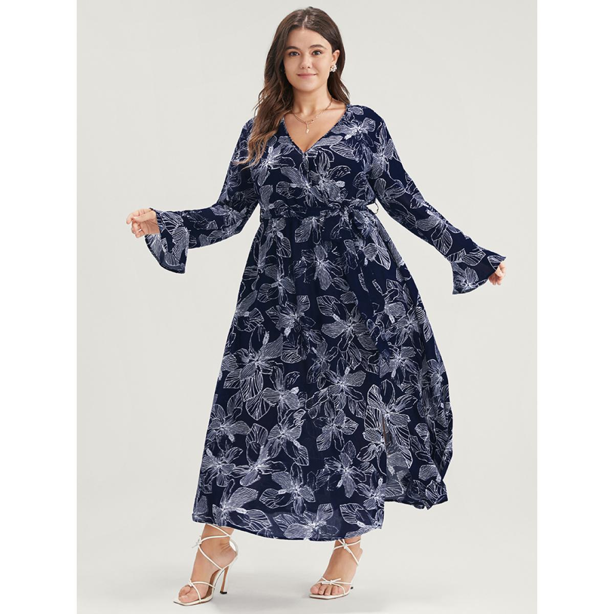 Plus Size Floral Print Belted Pocket Split Hem Wrap Dress DarkBlue Women Elegant Pocket V-neck Long Sleeve Curvy Midi Dress BloomChic 14-16/1X Product Image