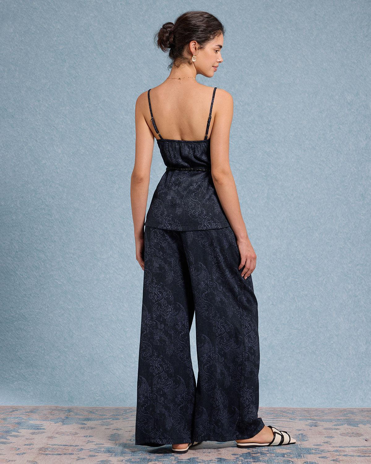 Blue Textured Wide Leg Pants Product Image