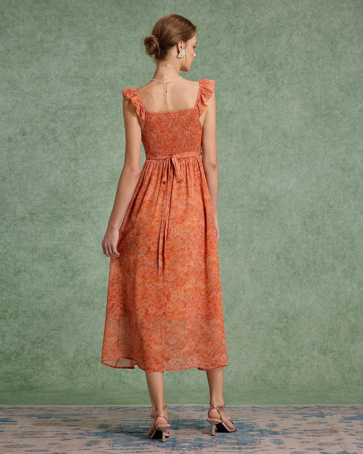 Orange Floral Ruffle Sleeveless Maxi Dress Product Image