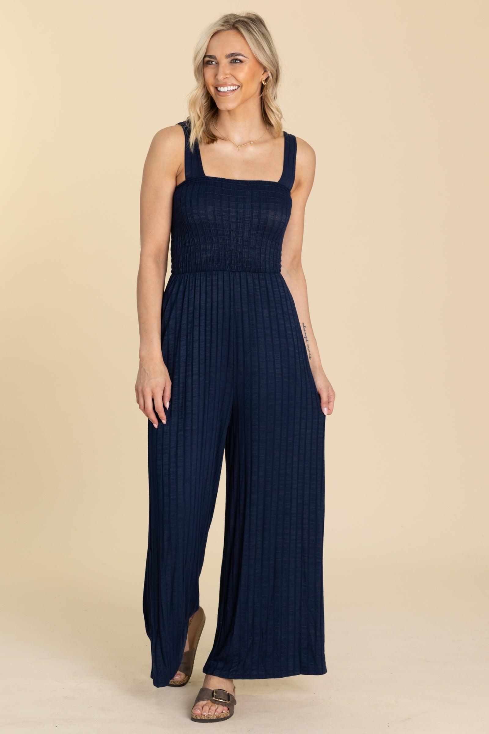 Navy Wide Leg Smocked Bodice Jumpsuit Product Image