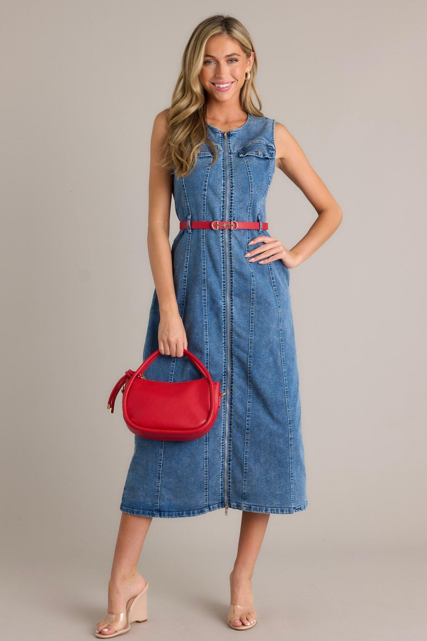 Simple Grace Denim Sleeveless Midi Dress Product Image