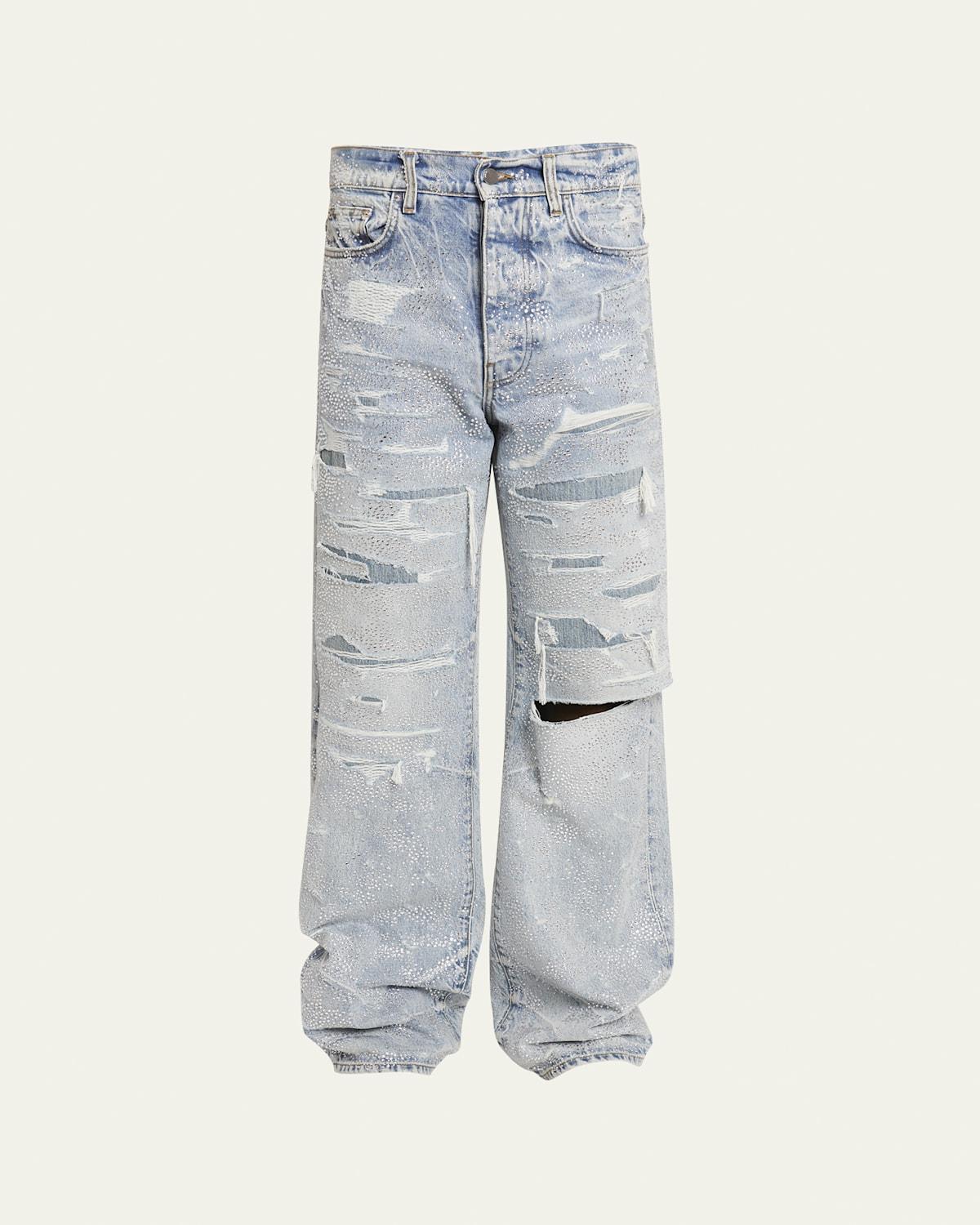 Men's Crystal-Embellished Repaired Baggy Jeans Product Image