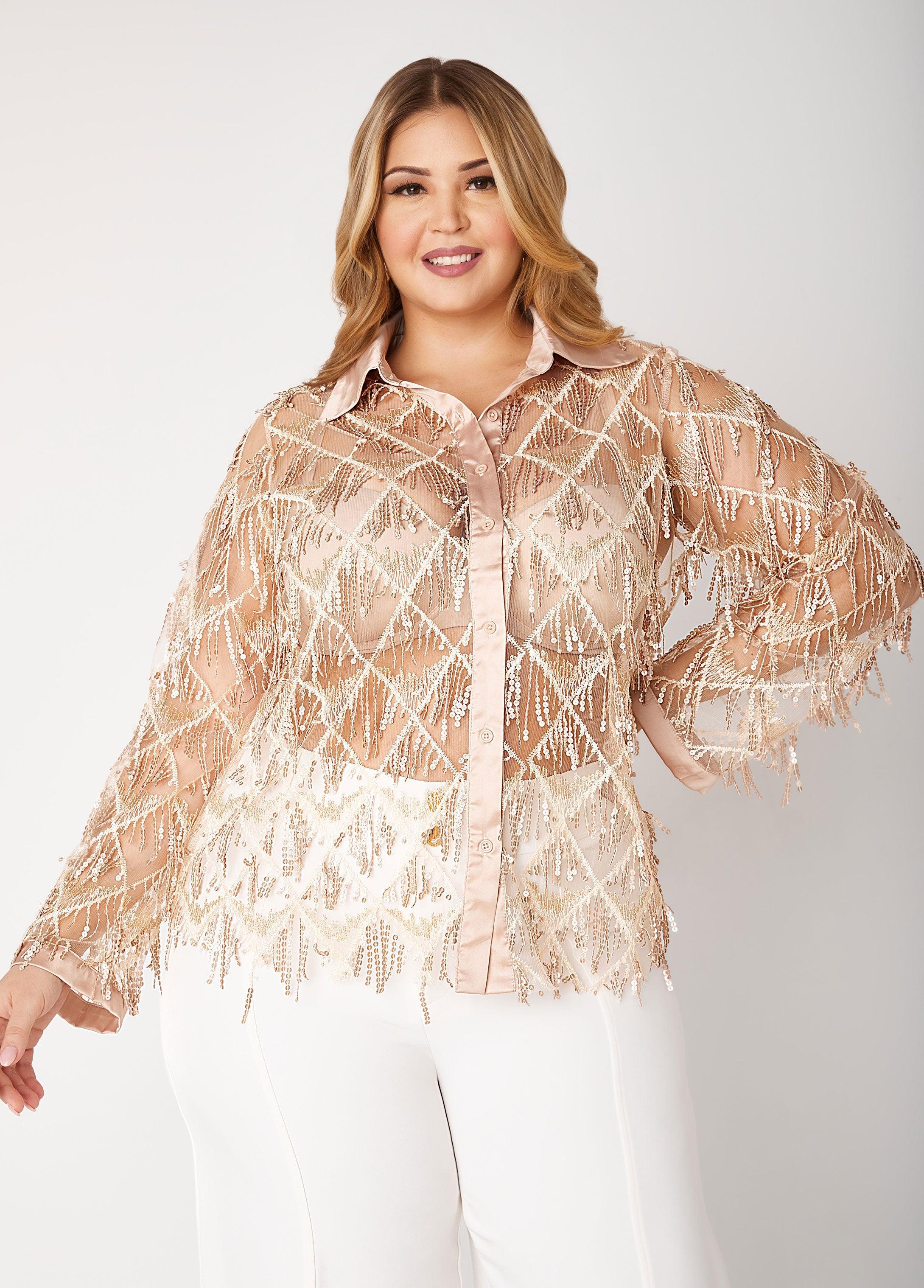 Fringed Sequin Mesh Shirt Product Image