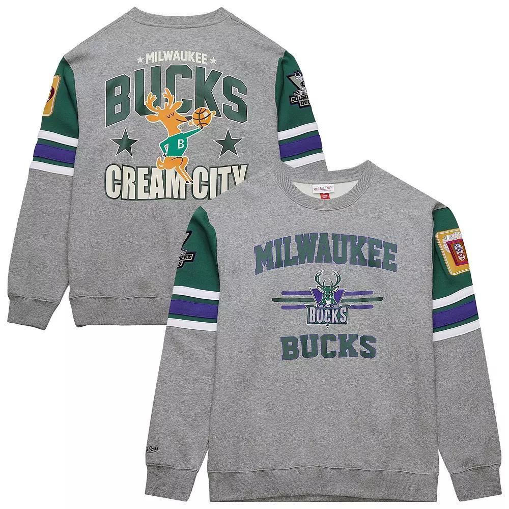 Men's Mitchell & Ness Heather Gray Milwaukee Bucks Hardwood Classics All Over 4.0 Pullover Sweatshirt, Size: XL, Grey Product Image